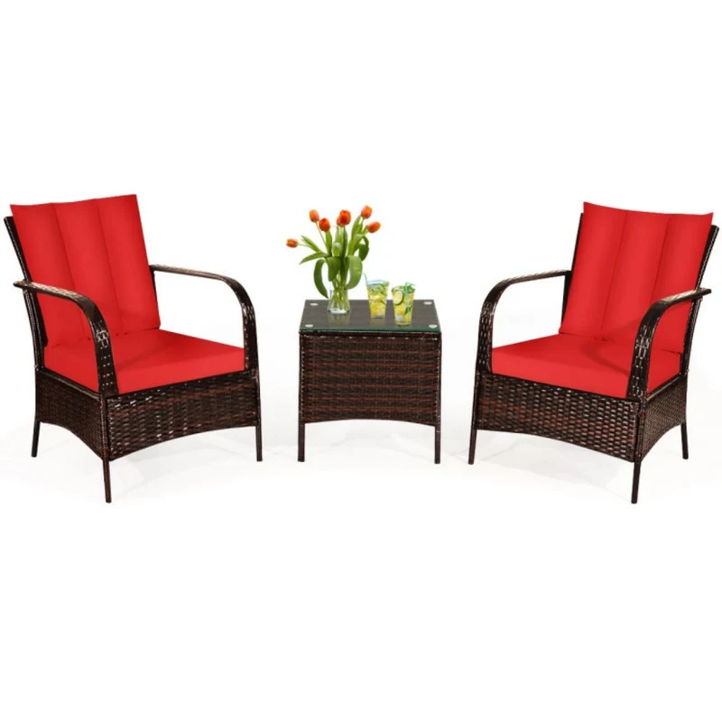 3-Pieces Outdoor Wicker Patio Conversation Furniture Set with Red Cushion