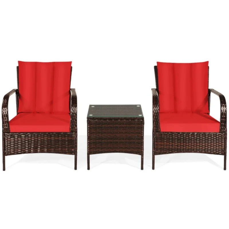 3-Pieces Outdoor Wicker Patio Conversation Furniture Set with Red Cushion