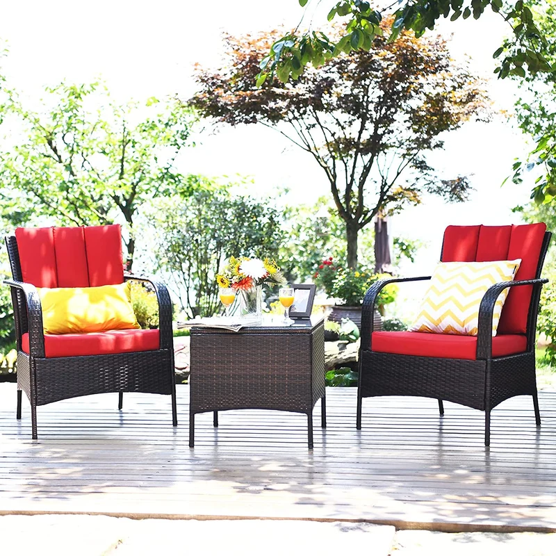 3-Pieces Outdoor Wicker Patio Conversation Furniture Set with Red Cushion