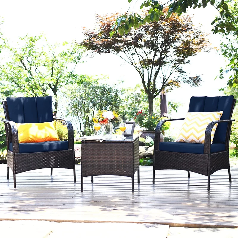 3-Pieces Outdoor Wicker Patio Conversation Furniture Set with Navy Cushion