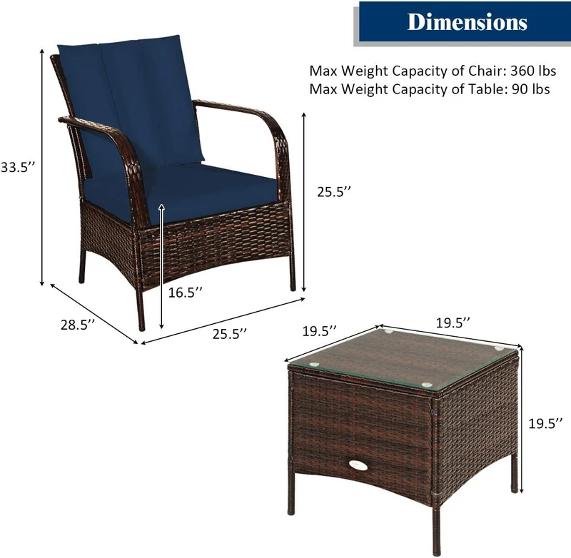3-Pieces Outdoor Wicker Patio Conversation Furniture Set with Navy Cushion
