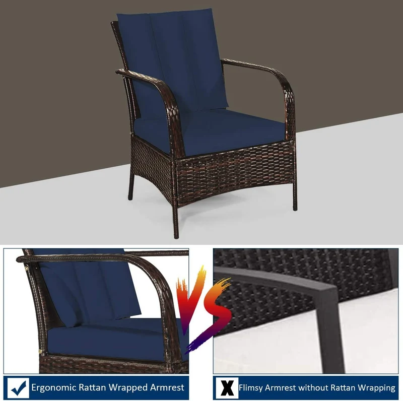 3-Pieces Outdoor Wicker Patio Conversation Furniture Set with Navy Cushion