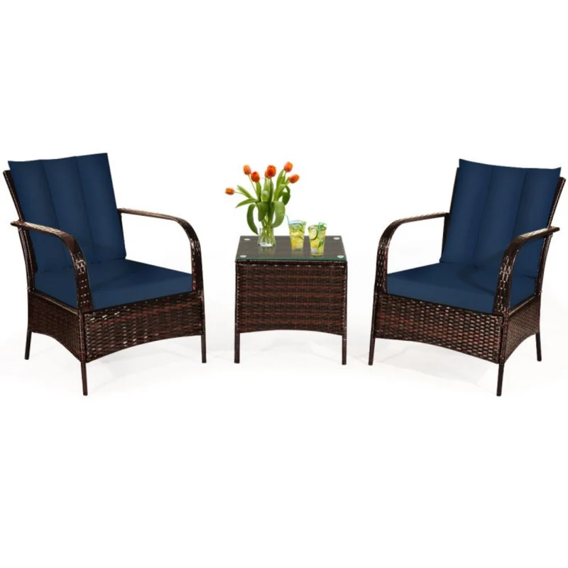 3-Pieces Outdoor Wicker Patio Conversation Furniture Set with Navy Cushion
