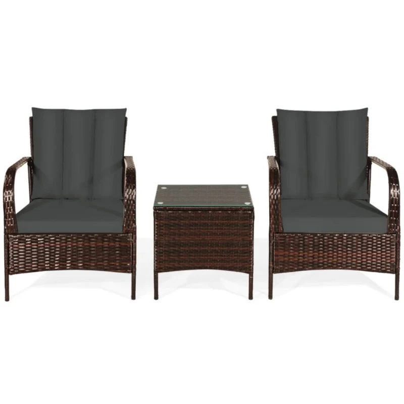 3-Pieces Outdoor Wicker Patio Conversation Furniture Set with Gray Cushion