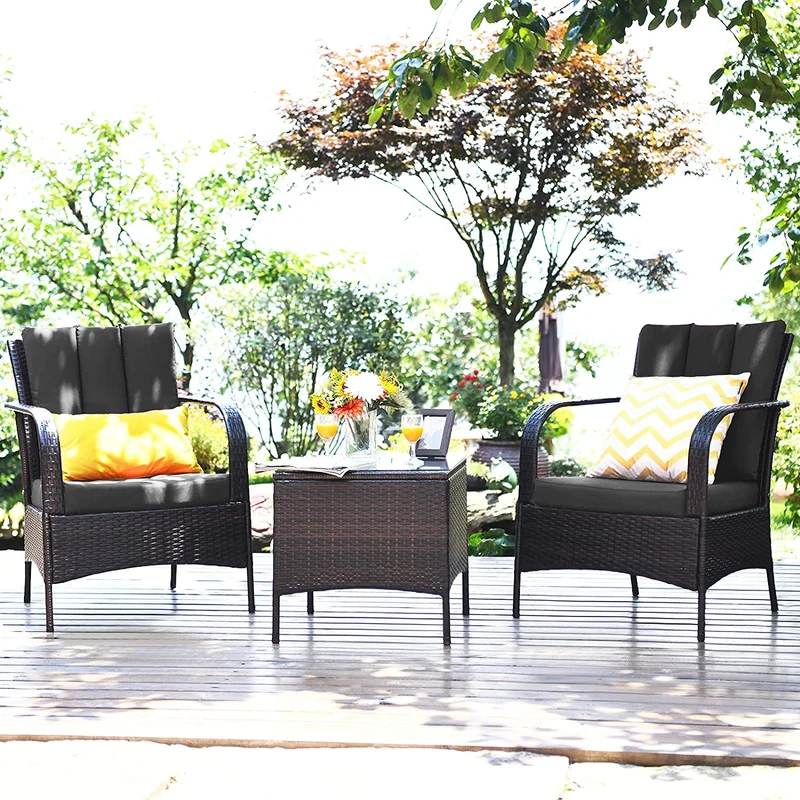 3-Pieces Outdoor Wicker Patio Conversation Furniture Set with Gray Cushion