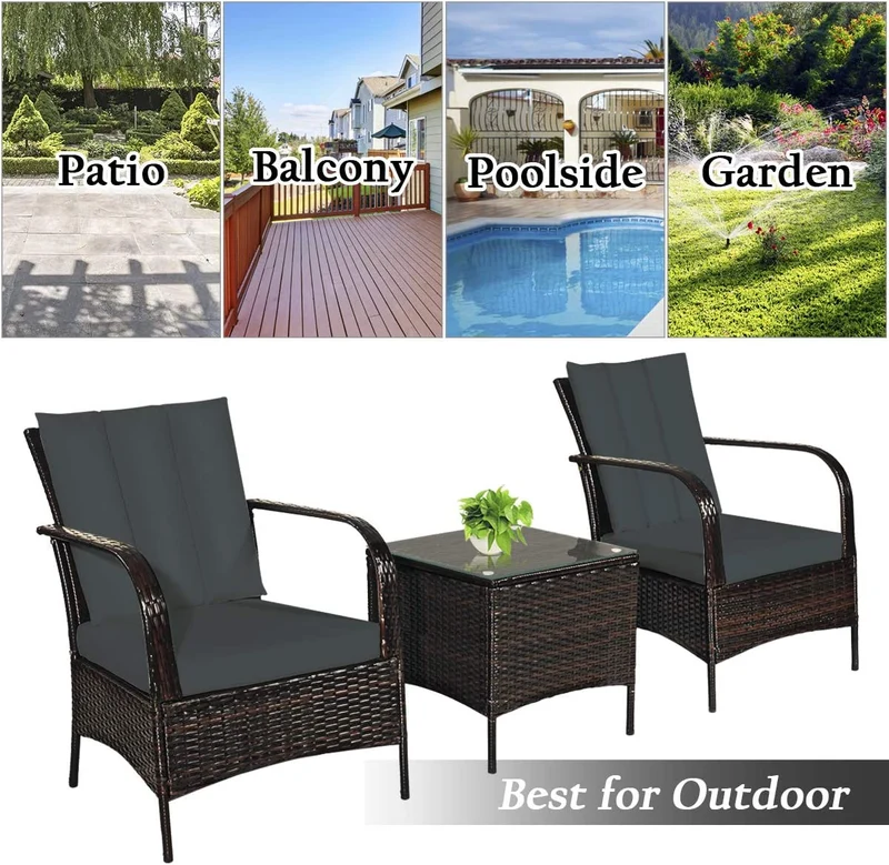 3-Pieces Outdoor Wicker Patio Conversation Furniture Set with Gray Cushion