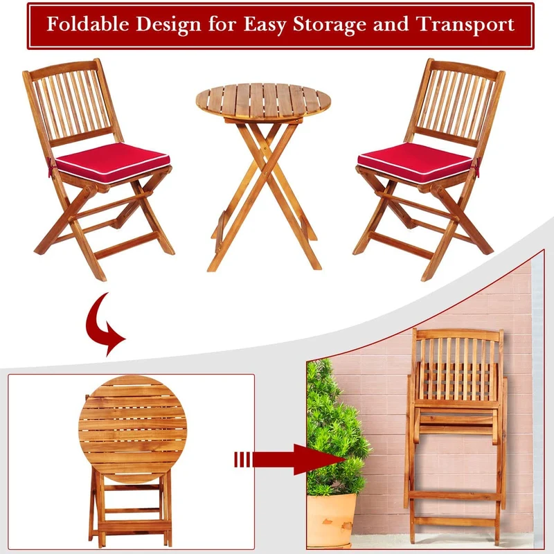 3-Piece Patio Folding Wooden Outdoor Bistro Set with Red Cushions