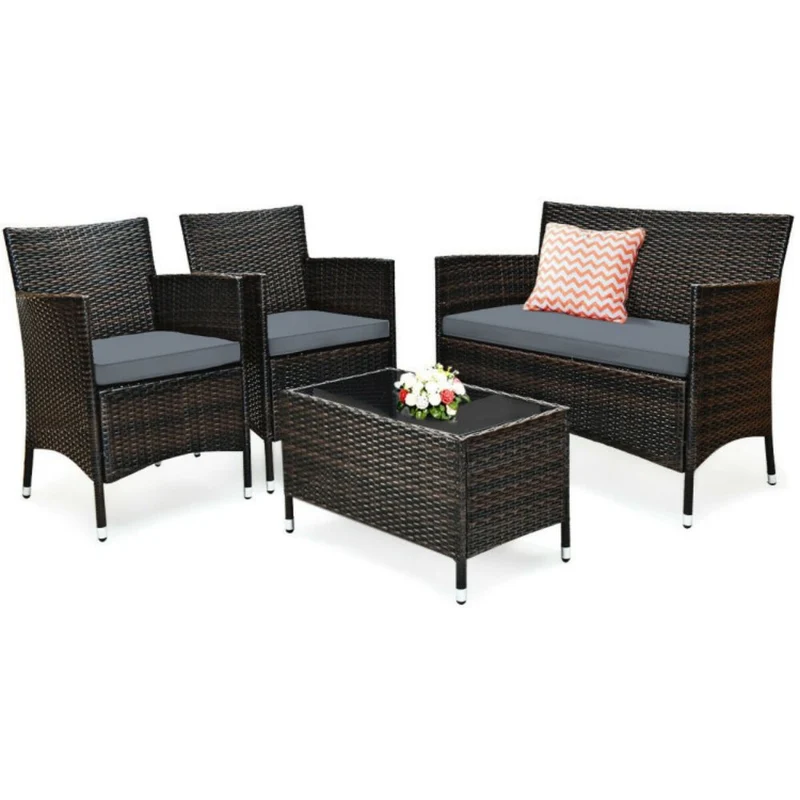 4-Piece Outdoor Wicker Conversation Furniture Set with Gray Cushions and Tempered Glass Table