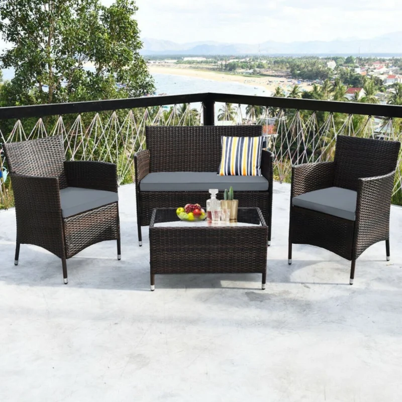 4-Piece Outdoor Wicker Conversation Furniture Set with Gray Cushions and Tempered Glass Table