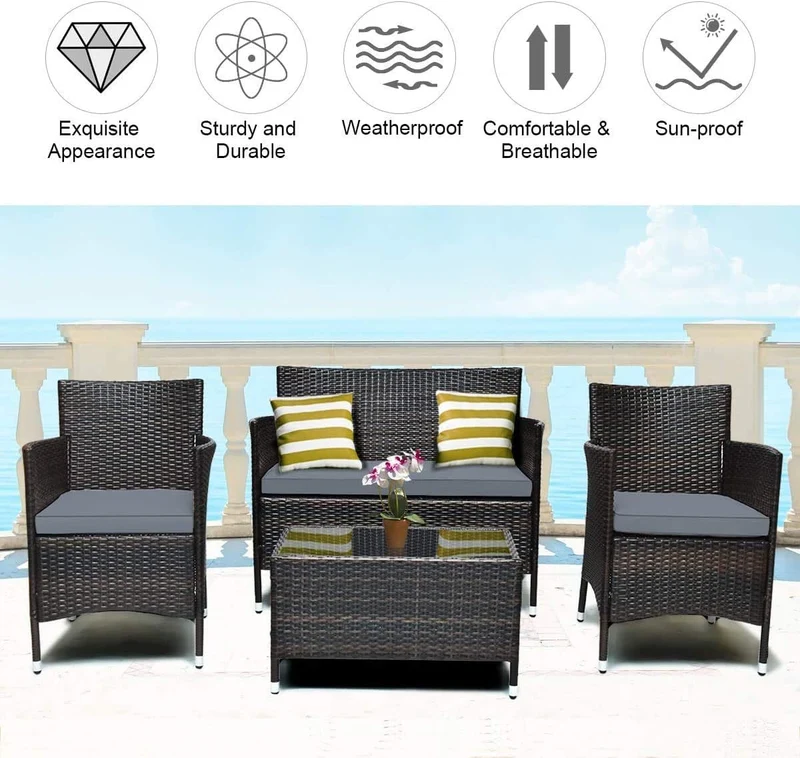 4-Piece Outdoor Wicker Conversation Furniture Set with Gray Cushions and Tempered Glass Table
