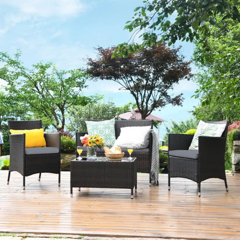 4-Piece Outdoor Wicker Conversation Furniture Set with Gray Cushions and Tempered Glass Table