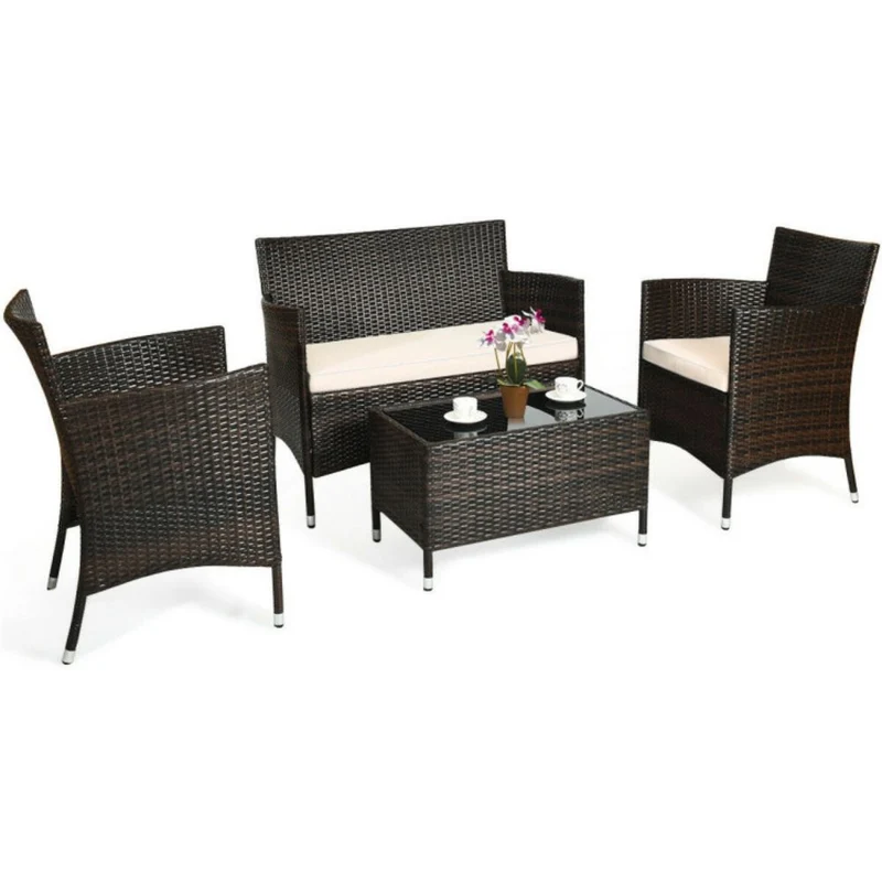 4-Piece Outdoor Wicker Conversation Furniture Set with Beige Cushions and Tempered Glass Table