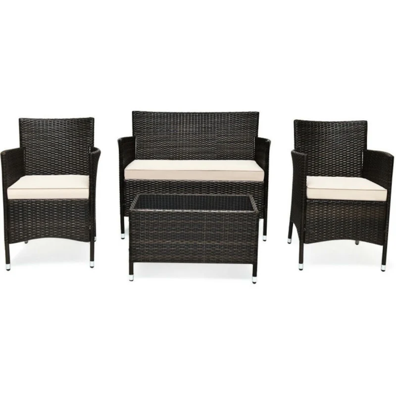 4-Piece Outdoor Wicker Conversation Furniture Set with Beige Cushions and Tempered Glass Table