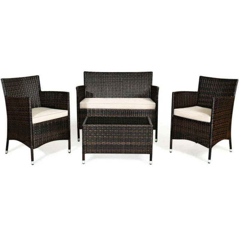 4-Piece Outdoor Wicker Conversation Furniture Set with Beige Cushions and Tempered Glass Table