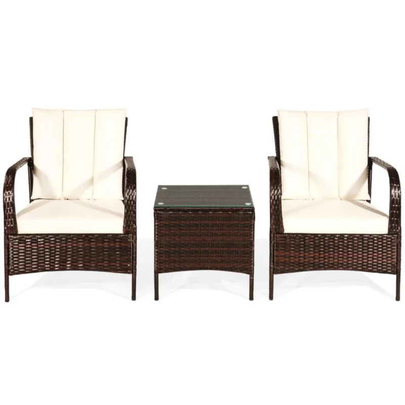 3-Pieces Outdoor Wicker Patio Conversation Furniture Set with White Cushion