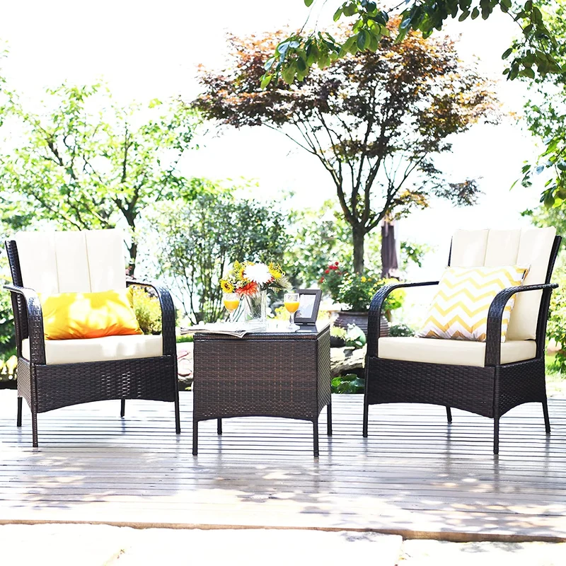 3-Pieces Outdoor Wicker Patio Conversation Furniture Set with White Cushion