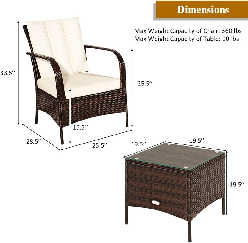 3-Pieces Outdoor Wicker Patio Conversation Furniture Set with White Cushion