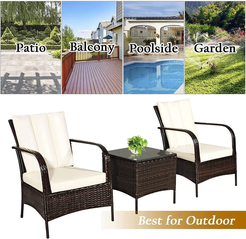 3-Pieces Outdoor Wicker Patio Conversation Furniture Set with White Cushion