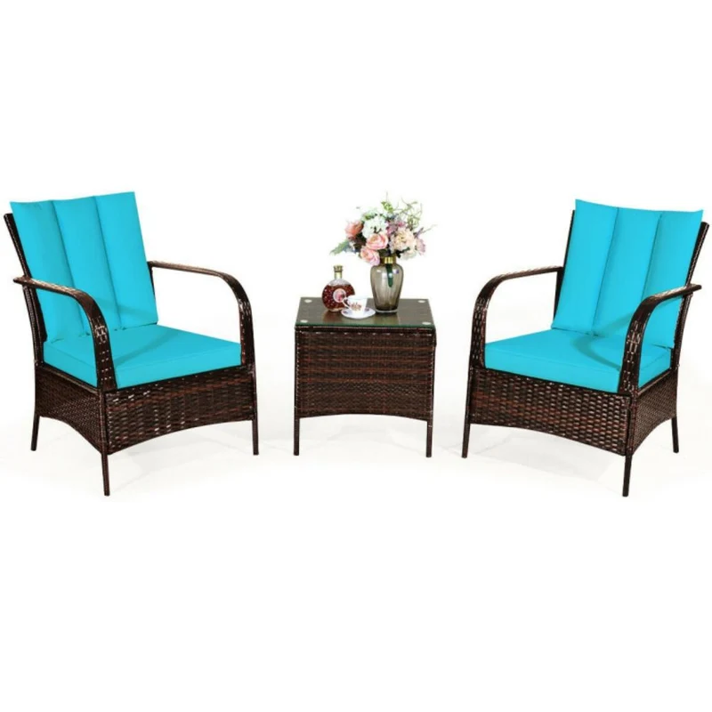3-Pieces Outdoor Wicker Patio Conversation Furniture Set with Turquoise Cushion