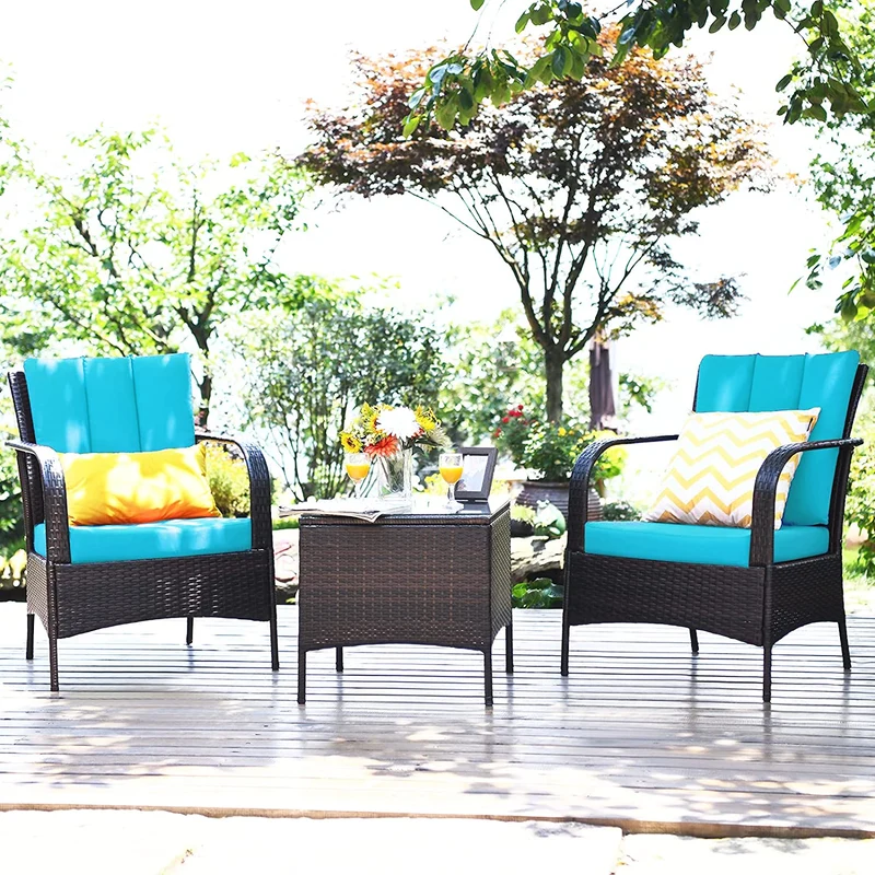 3-Pieces Outdoor Wicker Patio Conversation Furniture Set with Turquoise Cushion
