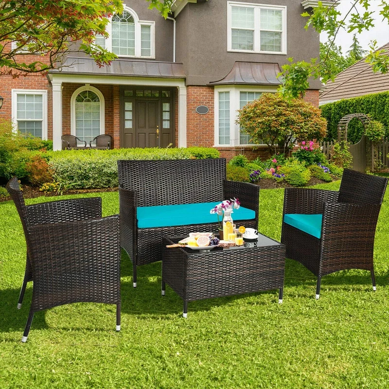 4-Piece Outdoor Wicker Conversation Furniture Set with Turquoise Cushions and Tempered Glass Table