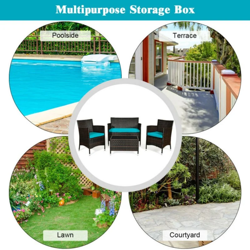 4-Piece Outdoor Wicker Conversation Furniture Set with Turquoise Cushions and Tempered Glass Table