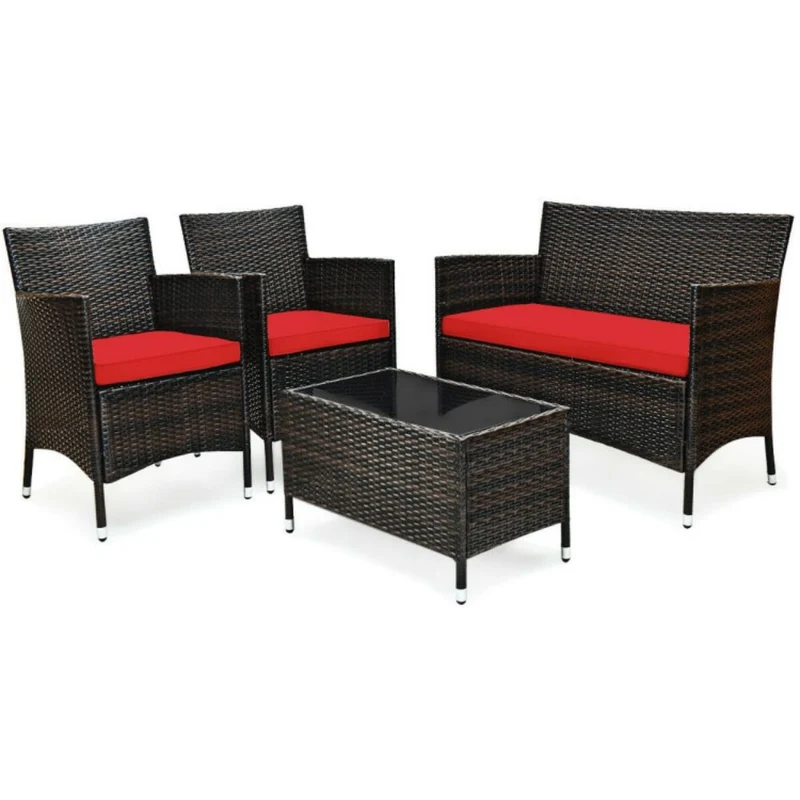 4-Piece Outdoor Wicker Conversation Furniture Set with Red Cushions and Tempered Glass Table