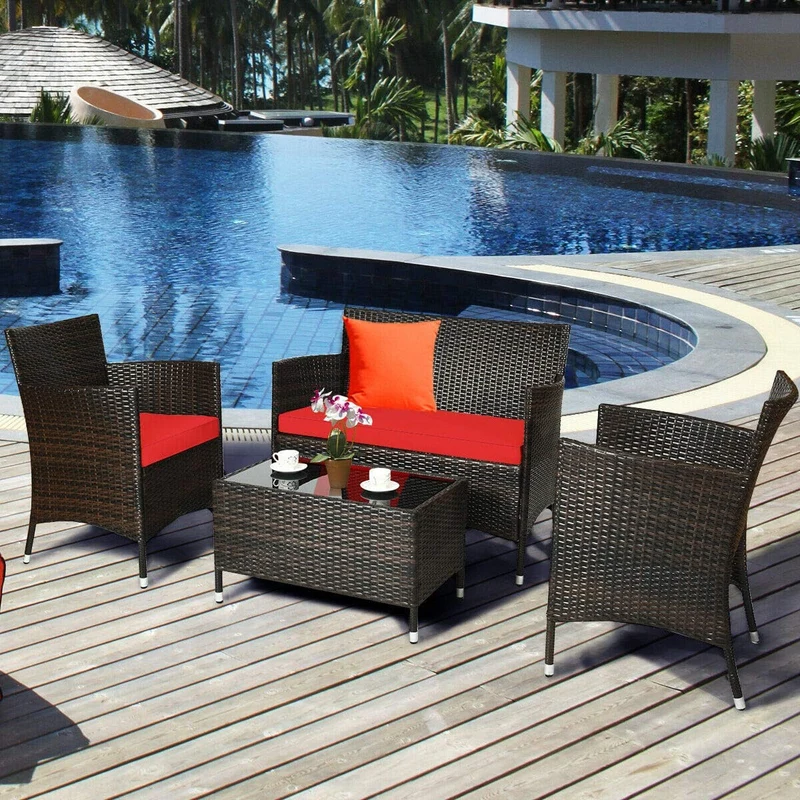4-Piece Outdoor Wicker Conversation Furniture Set with Red Cushions and Tempered Glass Table