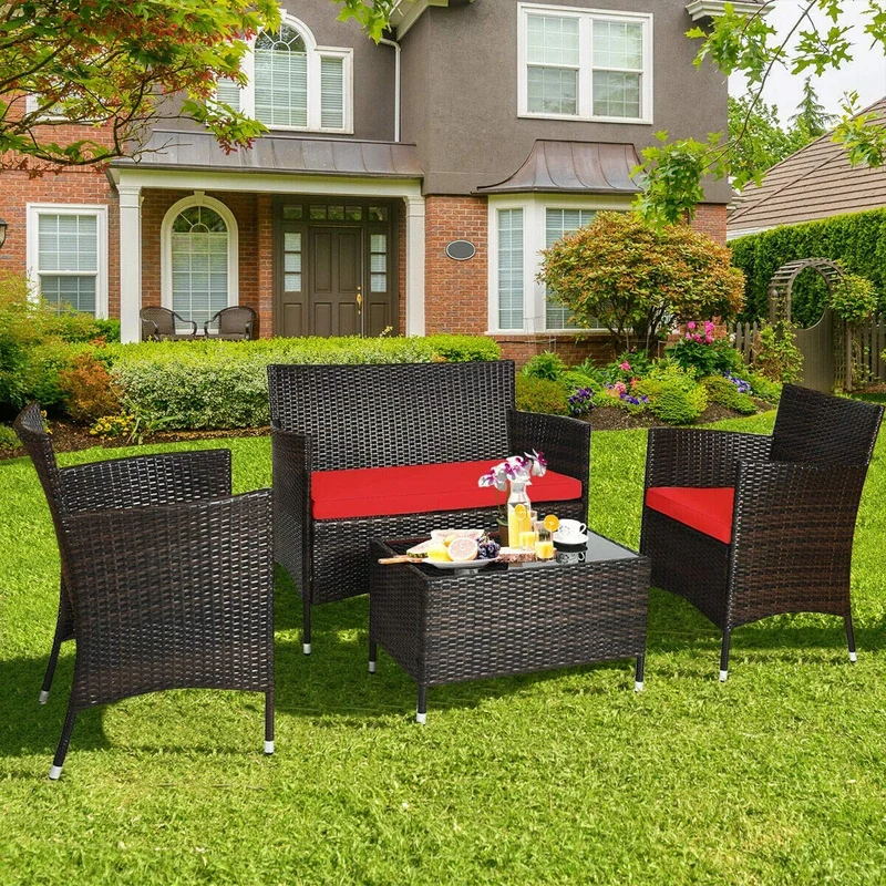 4-Piece Outdoor Wicker Conversation Furniture Set with Red Cushions and Tempered Glass Table