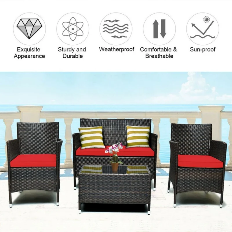 4-Piece Outdoor Wicker Conversation Furniture Set with Red Cushions and Tempered Glass Table