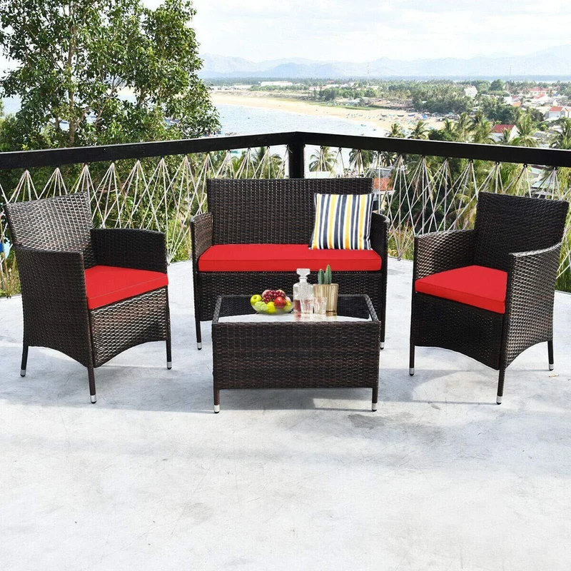 4-Piece Outdoor Wicker Conversation Furniture Set with Red Cushions and Tempered Glass Table