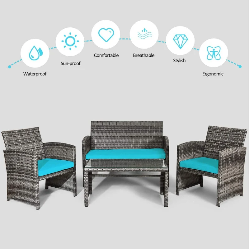 4-Piece Outdoor Wicker Conversation Furniture Set with Turquoise Cushions and Tempered Glass Table