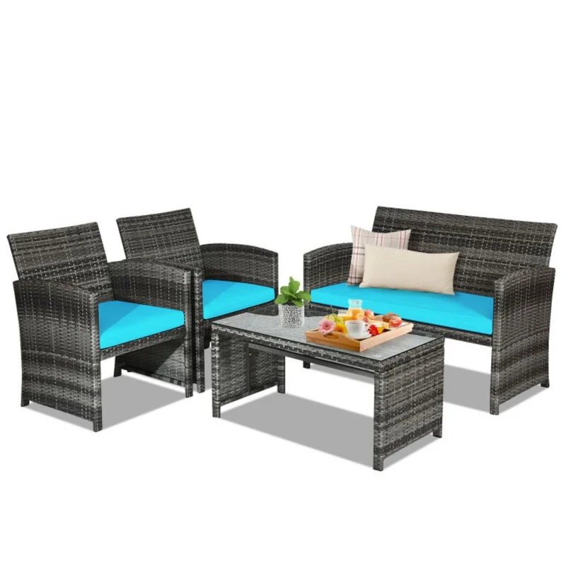 4-Piece Outdoor Wicker Conversation Furniture Set with Turquoise Cushions and Tempered Glass Table