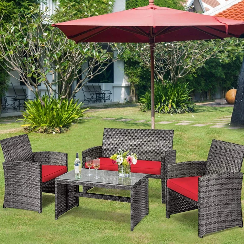 4-Piece Outdoor Wicker Conversation Furniture Set with Red Cushions and Tempered Glass Table