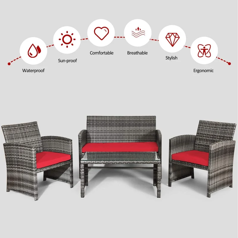 4-Piece Outdoor Wicker Conversation Furniture Set with Red Cushions and Tempered Glass Table