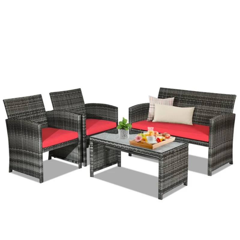 4-Piece Outdoor Wicker Conversation Furniture Set with Red Cushions and Tempered Glass Table