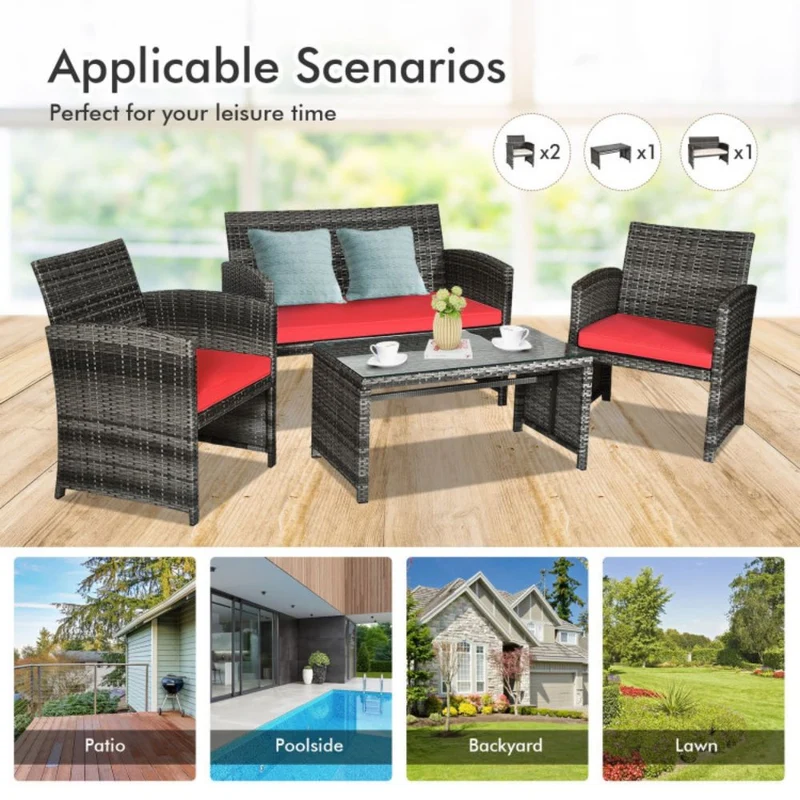 4-Piece Outdoor Wicker Conversation Furniture Set with Red Cushions and Tempered Glass Table