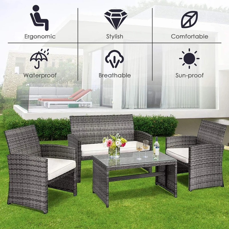 4-Piece Outdoor Wicker Conversation Furniture Set with White Cushions and Tempered Glass Table