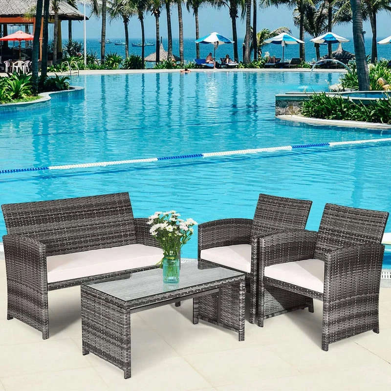4-Piece Outdoor Wicker Conversation Furniture Set with White Cushions and Tempered Glass Table