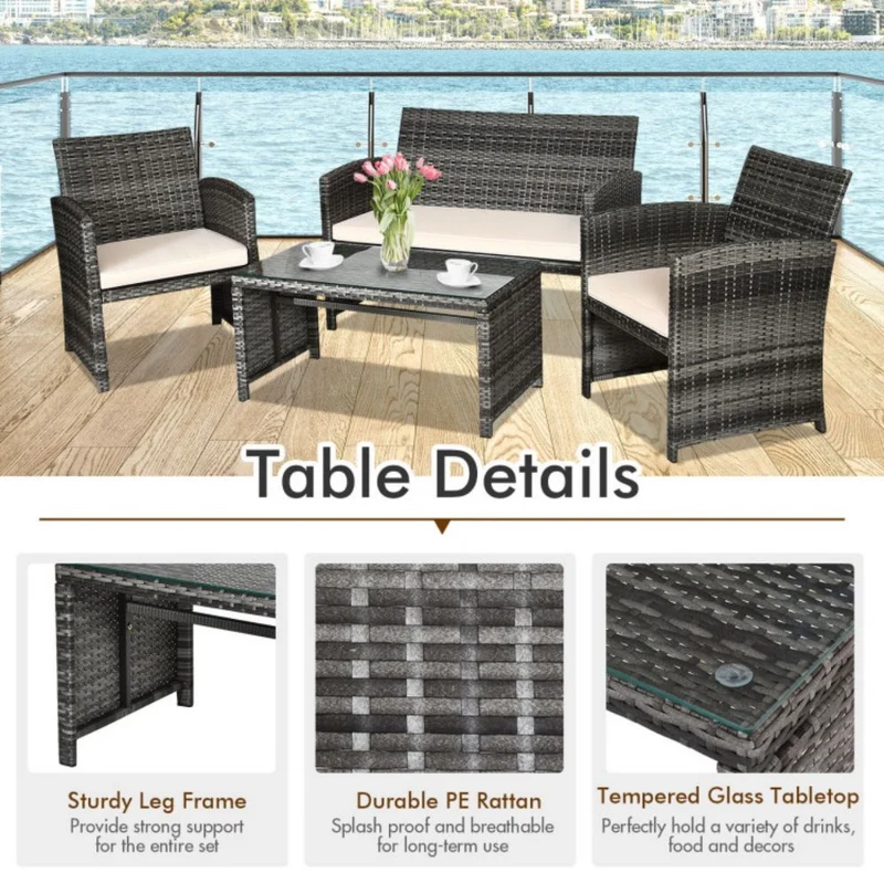 4-Piece Outdoor Wicker Conversation Furniture Set with White Cushions and Tempered Glass Table