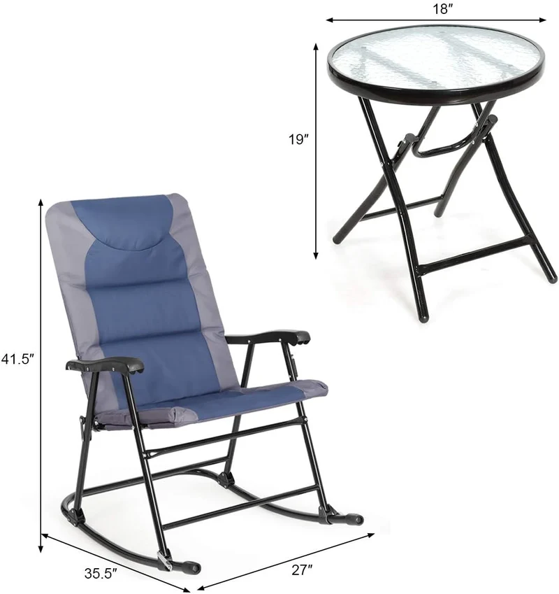 3-Piece Outdoor Folding Rocking Chair Conversation Set with Blue and Grey Cushion