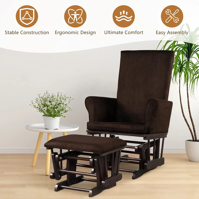 Wood Patio Baby Nursery Relax Outdoor Rocking Chair Glider and Ottoman Set in Brown