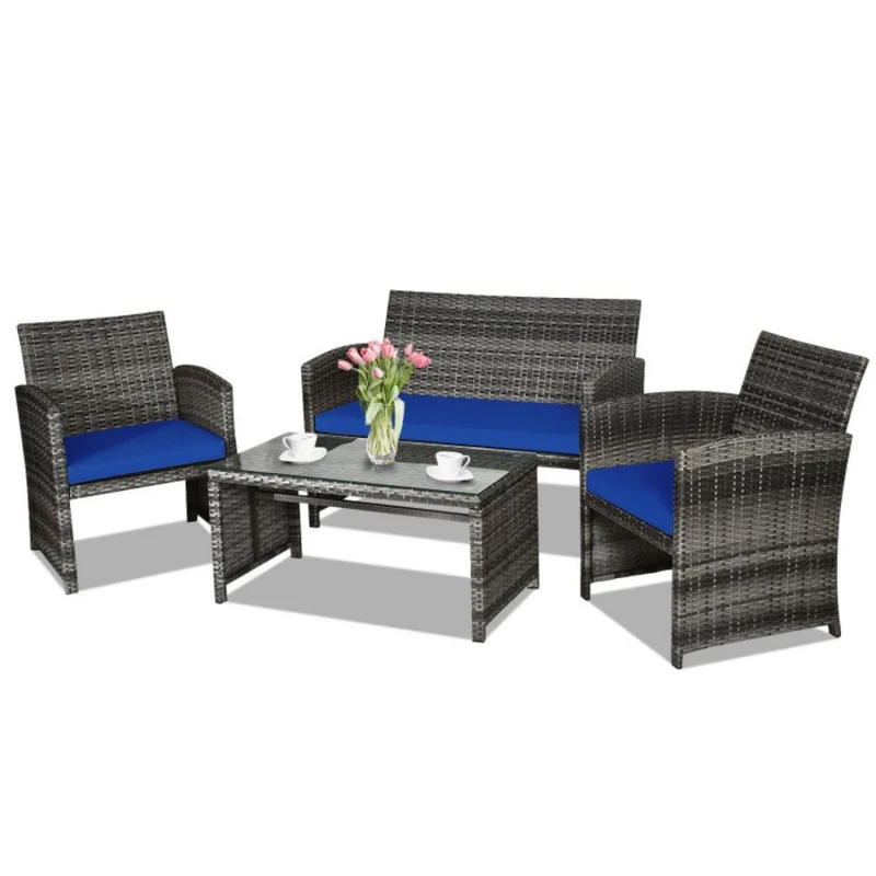 4-Piece Outdoor Wicker Conversation Furniture Set with Navy Cushions and Tempered Glass Table