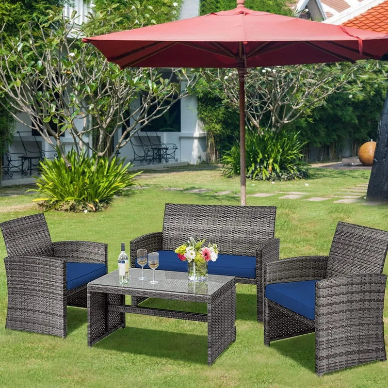 4-Piece Outdoor Wicker Conversation Furniture Set with Navy Cushions and Tempered Glass Table