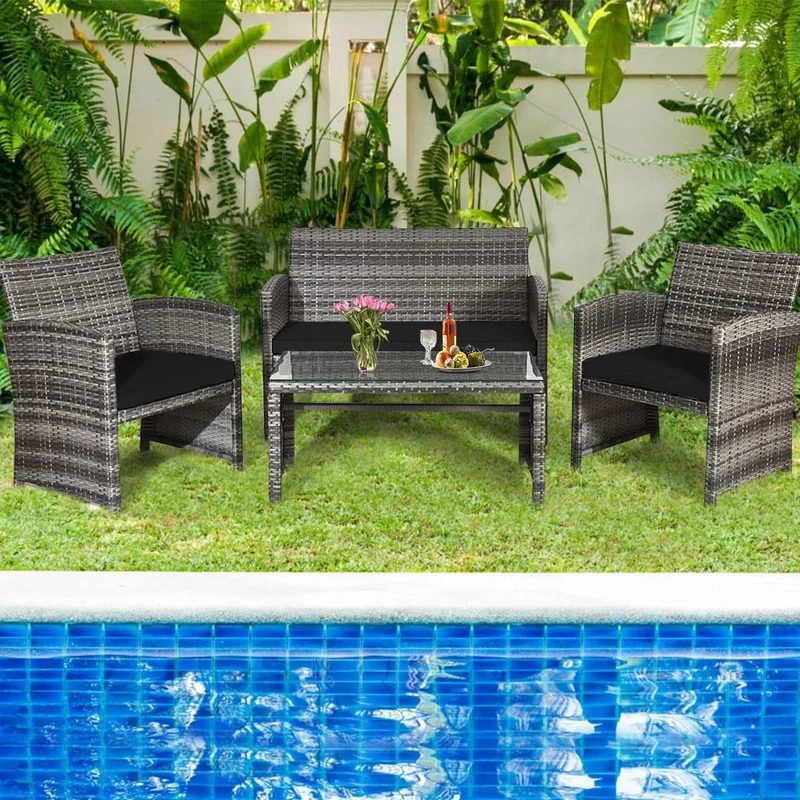 4-Piece Outdoor Wicker Conversation Furniture Set with Black Cushions and Tempered Glass Table