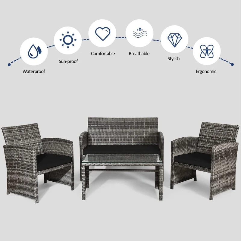 4-Piece Outdoor Wicker Conversation Furniture Set with Black Cushions and Tempered Glass Table
