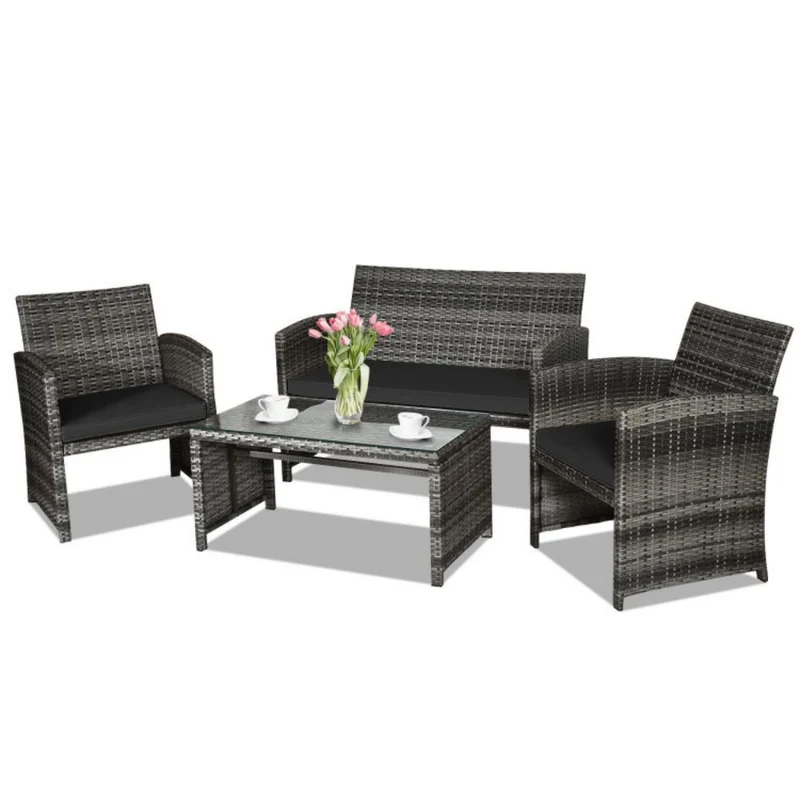 4-Piece Outdoor Wicker Conversation Furniture Set with Black Cushions and Tempered Glass Table