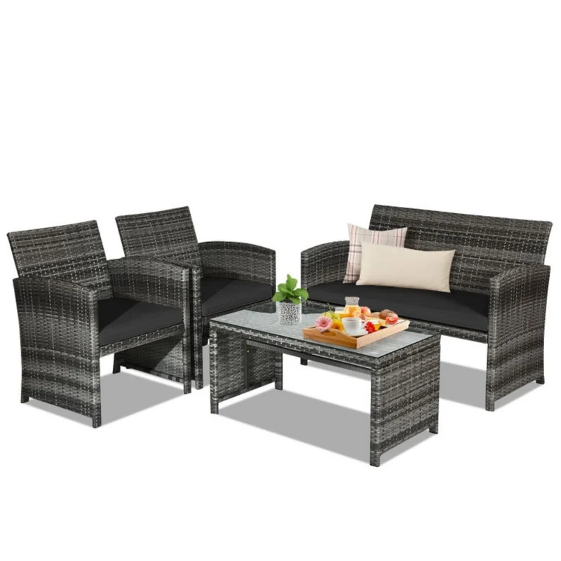 4-Piece Outdoor Wicker Conversation Furniture Set with Black Cushions and Tempered Glass Table