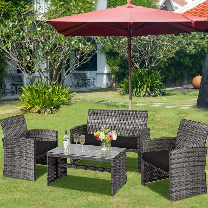 4-Piece Outdoor Wicker Conversation Furniture Set with Black Cushions and Tempered Glass Table