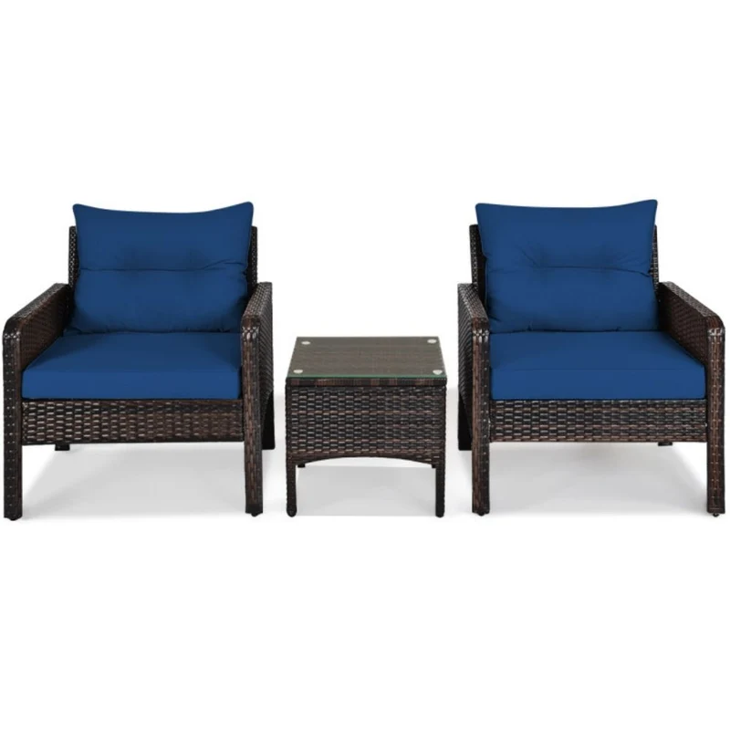 3-Pieces Outdoor Wicker Patio Conversation Furniture Set with Navy Blue Cushion